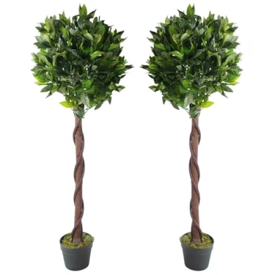 Image of Leaf Design UK Pair of Artificial Bay Topiary Ball Trees,120cm (4ft)