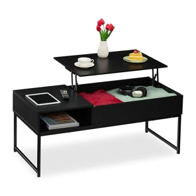 Image of Relaxdays Coffee Table with Lift Top, Side Section, Compartment Storage Space, Wood Look, 45 x 110 50 cm, Black, Fibreboard, 56 cm