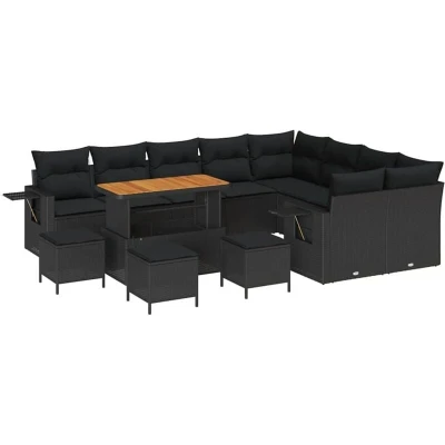 Image of vidaXL 13 Piece Garden Sofa Set with Cushions Black Poly Rattan Acacia