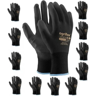 Image of PU Coated Black Nylon Work Gloves. Gardening, Builders, Mechanic (XL (10)), 12 Pairs