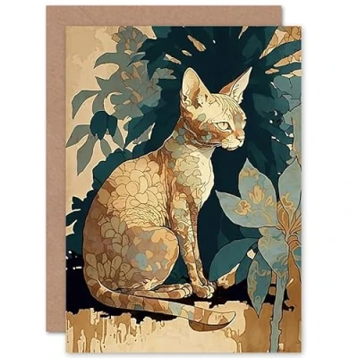 Image of Artery8 Devon Rex Cat with Flower Pattern Fur Modern Illustration Art Birthday Sealed Greeting Card Plus Envelope Blank inside