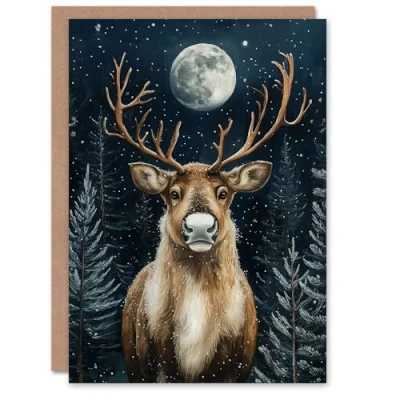 Image of Artery8 Pine Tree Reindeer Winter Moon Snow Blank For Him Or Her Art Xmas Festive Christmas Card