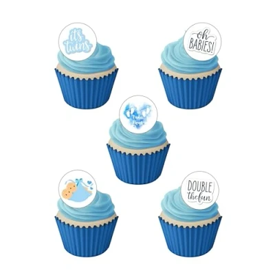 Image of 24 Pre Cut IT&#039;S TWIN BOYS BABY SHOWER Themed Edible Wafer Paper Cake Toppers Decorations