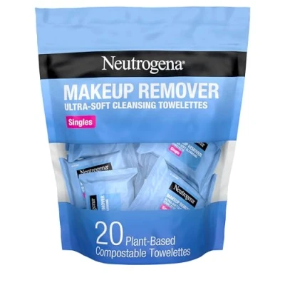 Image of Neutrogena Makeup Remover Cleansing Towelette Singles, Daily Face Wipes To Remove Dirt, Oil, &amp; Waterproof Mascara, Individually Wrapped, 20 Count