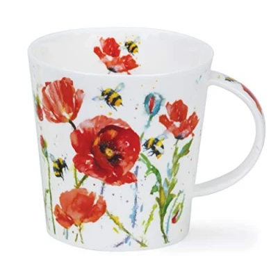 Image of Dunoon Fine Bone China Mug Made in England Cairngorm Shape Busy Bees Pattern 480ml Dishwasher Safe (Poppy)