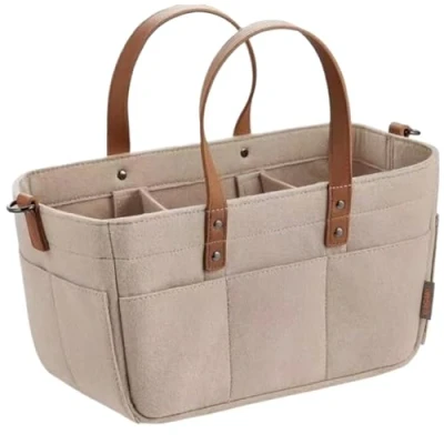 Image of Baby Diaper Caddy, Portable Caddy Organizer Foldable Nursery Felt Bag Basket Changing Table for Diapers and Wipes Khaki.