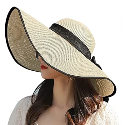 Image of BABAHU Women Foldable Floppy Wide Brim Straw Sun Hat Summer Beach UV UPF 50+