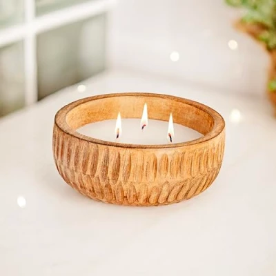 Image of Marco Paul Modern Wooden Pot Candle Set Long Burn Time Wax Candles Decorative Home Accessories Colourful Gift Lighting for Christmas, Wedding, Birthday (Ribbed with Candle)