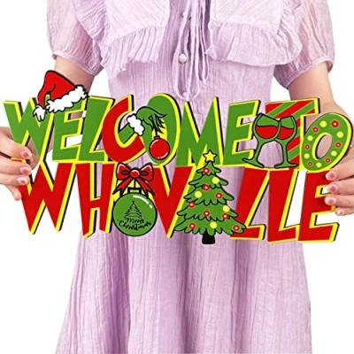 Image of Whoville Christmas Door Hanging Signs Welcome To Wooden Sign Tree Ornaments Front Decorations Grinch Themed Party Decor Supplies Indoor Outdoor