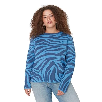 Image of Trendyol Women&#039;s Crew Neck Jacquard Fitted Plus Size Sweater Sweatshirt, Blue, XXL