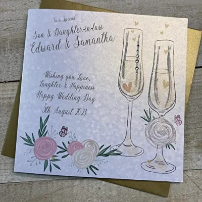Image of WHITE COTTON CARDS PERSONALISED WEDDING CARD, TO A SPECIAL SON &amp; DAUGHTER IN LAW, FLUTES FLOWERS DESIGN, HAND FINISHED (X) P23 3 SD