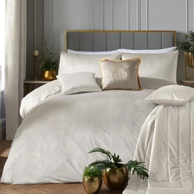 Image of Laurence Llewelyn Bowen Ivory White Velvet Duvet Cover Set Super King Bedding Size (260 x 220cm) 2 Pillowcases Soft Touch Luxury in