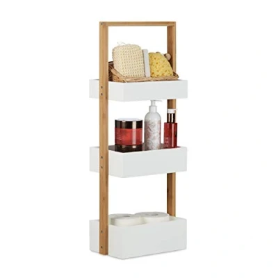 Image of Relaxdays 3 Tier Shower Caddy, Tidy Organiser, Free Standing Shelves, HWD: 76 x 30 18.5cm, Wooden, White/Natural