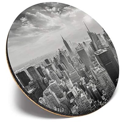 Image of Round Single Coaster BW New York USA Skyline Cityscape Glossy Quality Coasters Tabletop Protection for Any Table Type #43279