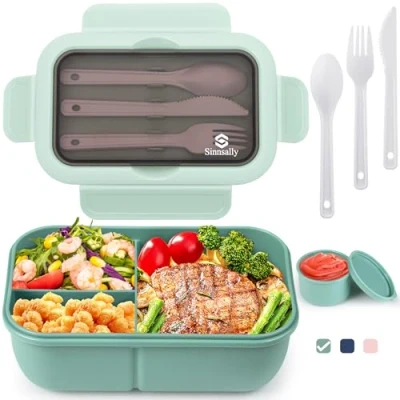 Image of Sinnsally Bento Lunch Box Kids,1250ml Stackable Packed Boxes for Adults,Food Container with 3 Compartments and Cutlery Set,Layered Lunchbox,Leakproof,Rectangle,Microwave/Dishwasher Safe(Green)