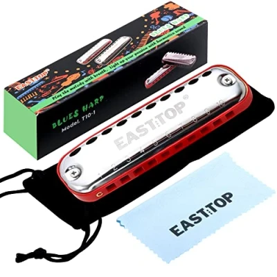 Image of East top Junior Blues Harmonica, 10 Holes C Key Diatonic Harmonica Mouth Organ for Beginner,Kids,Children,Students,Gift,with Smoothly Rounded Edge and Fabric Cloth Pouch