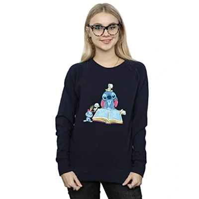 Image of Disney Women&#039;s Lilo &amp; Stitch Reading A Book Sweatshirt Navy Blue Large