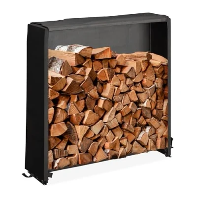 Image of Relaxdays Firewood Rack with Cover, for Wood from 25 cm, Wooden Log Shelf, Made of Iron, HxWxD: 110 x 29 Black