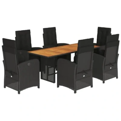 Image of vidaXL Garden Dining Set 7 Piece Black Poly Rattan Cushions Included Durable and Weather Resistant