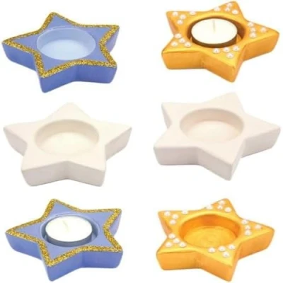 Image of Baker Ross Star Ceramic Tealight Holders, 4 Assorted, 10cm, 43mm Diameter, Perfect for Christmas Arts, Crafts &amp; Decorating Boys and Girls