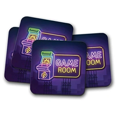 Image of 4 Set Neon Game Room Sign Coaster Arcade Gamer Gaming Men&#039;s Man Cave Boys Kids Bedroom Gift #14767