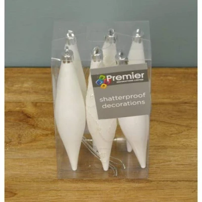 Image of 6 x White Icicle / Tear Drop Christmas Tree Baubles