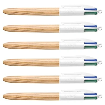 Image of Bic Pack of 6 Retractable Ballpoint Pens 4 Colours Wood Style Medium Tip