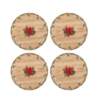Image of Harvey &amp; Mason Set Of 4 Christmas Holly Charger Plate Wooden Dinner Lunch Decor Xmas Rustic Traditional