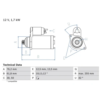 Image of 02M911023NX, 02M911023PX, 02M911024NX, 02M911024PX Starter motor BOSCH 0 986 020 260 12V 1,7kW 10, 12, 11 50, 30 links 76,2mm