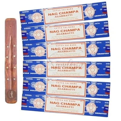 Image of Satya Nag Champa Agarbatti incense sticks x6 pack with SAMASIA holder Used for Aromatherapy, Spa, Yoga, Weddings, Meditation, Healing, Positivity and Relaxation