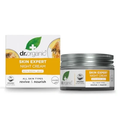Image of Dr Organic Royal Jelly Night Cream, Healthy Aging, All Skin Types, Mens, Womens, Natural, Vegetarian, Cruelty Free, Paraben &amp; SLS Recycled Recyclable, Organic, 50ml, Packaging may vary