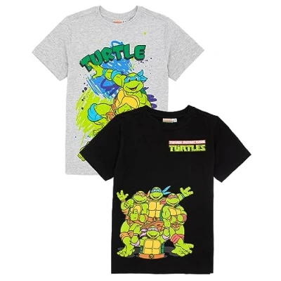 Image of Teenage Mutant Ninja Turtles T Shirt 2 Pack Kids Boys Girls Fighting Reptiles Leonardo Michelangelo Donatello Raphael Black and Grey Top