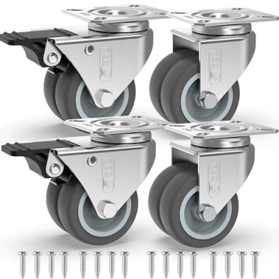 Image of GBL Heavy Duty Castor Wheels with 2 Brakes + Screws 50mm up to 400KG Pack of 4 No Floor Marks Silent Caster for Furniture Rubbered Trolley Silver Castors