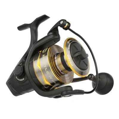 Image of PENN Battle IV Spinning Reel, Saltwater Angler Fishing Sea Fish Lure &amp; Bait, Bass, Pollack, Cod, Mackerel, Wrasse, Aluminum Robust Ambidextrous 8000 High Speed Reel Size 5.3:1 Black, Gold Smoke