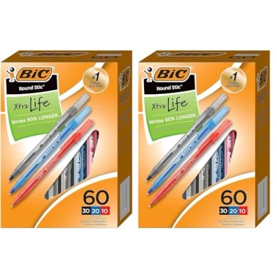 Image of BIC Round Stic Xtra Life Assorted Ink Ballpoint Pens, Medium Point (1.0mm), 60 Count Pack of Bulk Flexible Barrel for Comfortable Writing, No. 1 Selling Pens (Pack 2)