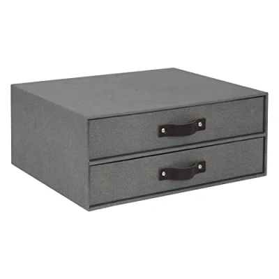 Image of Bigso Box of Sweden Drawer Storage for Documents and Office Supplies 2 Desk Organiser Fibreboard Paper Filing System with Elegant Leather Handle Grey