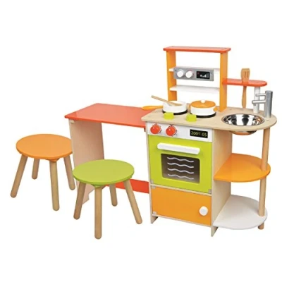 Image of Lelin Wooden Childrens 2 in 1 Pretend Play Kitchen and Dining Room Set