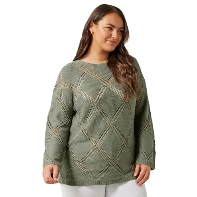 Image of EVANS Curve Khaki Diamond Pointelle Jumper Women&#039;s Plus Size