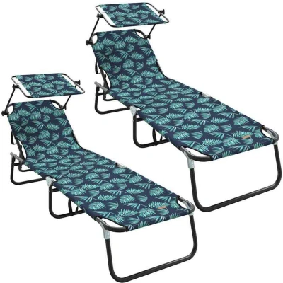 Image of vidaXL Folding Sun Loungers 2 pcs with Canopy Leave Print 600D Oxford Fabric