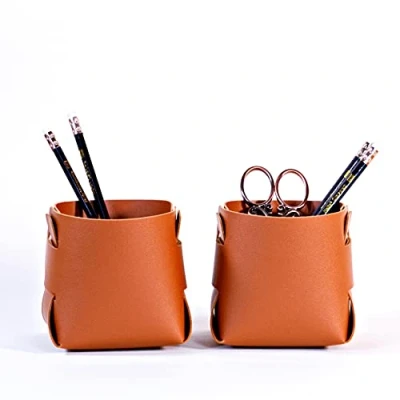 Image of &#039;N/A&#039; Remote Control Holder 2 pack Vegan Faux Leather Pen Pot Pencil (Brown)