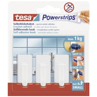 Image of tesa UK Powerstrips Hooks Small RECTANGLE Removable Self Adhesive Wall Hook for Glass, Tiles, Wood, Plastic and Other Surfaces Waterproof White Strong Hold up to 1 kg