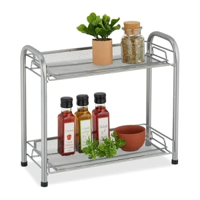 Image of Relaxdays Spice Rack, 2 Levels, Table Kitchen &amp; Bathroom, Make Up, Perfume, Metal Shelf, 33x27x17cm, Silver, Steel, 33 x 27 17 cm
