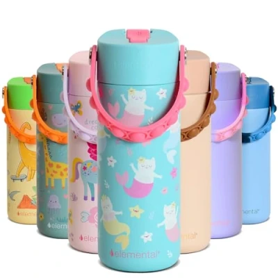 Image of Elemental Insulated Kids Water Bottle, Stainless Steel Bottle with Straw Lid &amp; Pop It Handle, Leak Proof Bottles for School, Boys or Girls, Travelling and Sports, 18oz Meowmaid