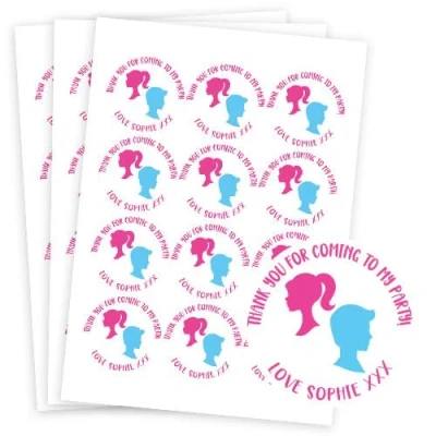 Image of Female &amp; Male Heads Doll Style Personalised Round Stickers 60mm Single Sheet 12