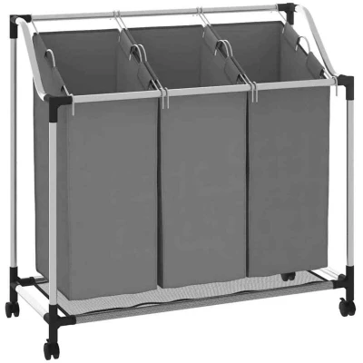 Image of vidaXL Laundry Basket with Wheels 3 Compartments Grey