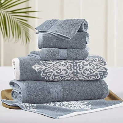 Image of Amrapur Overseas Artesia Damask 6 Piece Reversible Yarn Dyed Jacquard Towel Set (Sterling Blue)