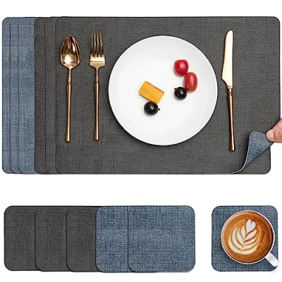 Image of Myir JUN Placemats and Coasters Set of 6, Place Mats Dual Sided Faux Leather Table PU Indoor Outdoor Heat Resistant Placemat Square Non Slip Wipeable Washable Dining Restaurant (Grey Light Blue)