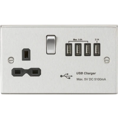 Image of KnightsBridge 13A switched socket with quad USB charger (5.1A) brushed chrome black insert