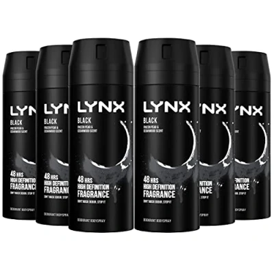 Image of Lynx Body Spray Black 48 Hours High Definition fragrance Deo for Men with subtle of Frozen Pear and Cedarwood Odor busting Zinc Technology, 150 ml Bulk Buy 6 Pack