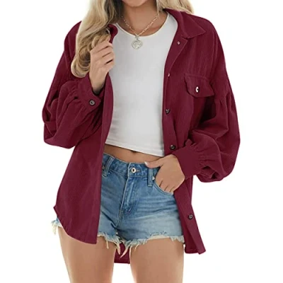 Image of NLAVW Women&#039;s Corduroy Shirt with Button Placket Oversized Long sleeved Jacket Blouse Tops Jacket,Red,S